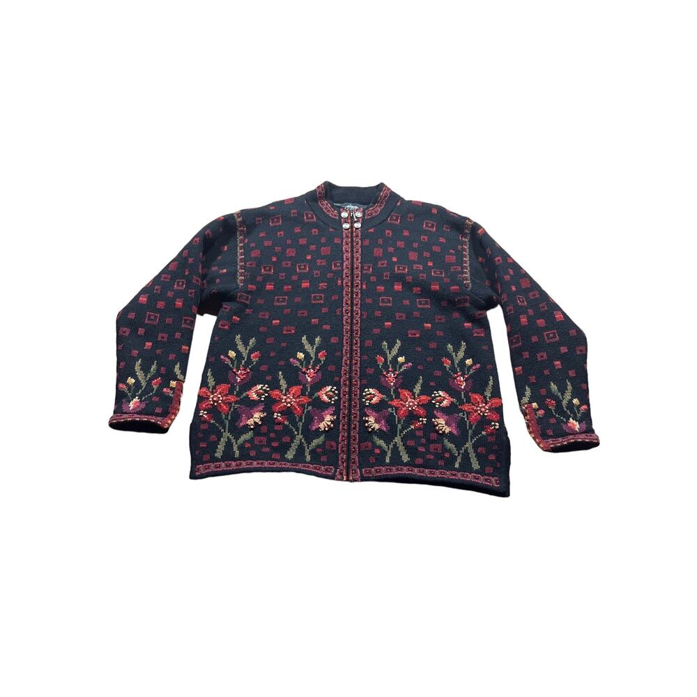 Vintage Icelandic Design Zip Up Size L Tapestry Cardigan Sweater Wool/Cotton
